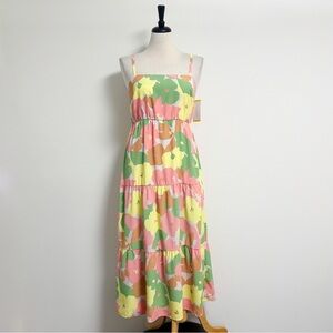 Social Standard Sanctuary Floral Tiered Sleeveless Midi Dress Pink Green Yellow